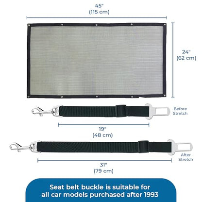 SunGrow Dog Seat Belts with Barrier, 2 Adjustable 28" Nylon Belts, 24" x 45" Micro Mesh Net Divider for Cars, SUVs, and Trucks, 4 Hooks and Luggage Ropes for Assembly, Black, 1 Set per Pack - color: 2 Black Belts+1 Barrier