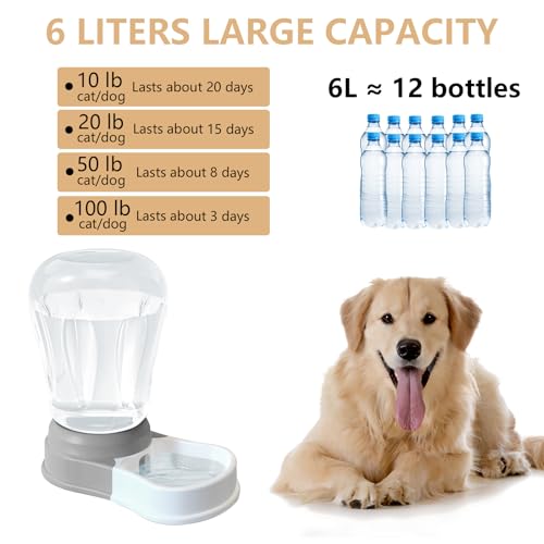 STALTWO 1.6 Gallon Automatic Dog Water Dispenser, Large Capacity Gravity Pet Water Bowl for Multiple Pets, BPA-Free Cat Water Feeder for Large Dogs, Refill Less Often, Grey