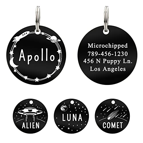 UltraJoys Stainless Steel Personalized Dog & Cat Tags, Front & Back Engraving, Round Tag with Space/Rocket Design, Small - color: .Round-rocket, size: Small