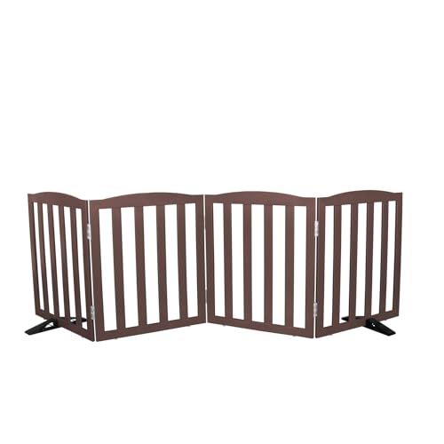 Freestanding Dog Gate Indoor,Doggie Gate Foldable Pet Gates for Doorways,Stairs or Hallways, Wooden Brown Pet Gate for the House, Pet Fence with Support Feet Included,24 "Height-4 Panels - color: Brown, size: 【4 Panels】80‘’w x 24''h