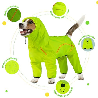 Dog Raincoat, Waterproof Dog Rain Jacket with Removable Hood，Adjustable 4 Legs Pet Poncho with Leash Hole，Reflective Stripe Hooded Snowproof Windproof Clothes for Small to 3X-Large Dogs, L - color: Green, size: L