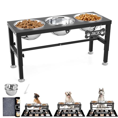 SHAINFUN Metal Elevated Dog Bowls Stand for Large Dogs with Mat & Three 58oz Food Water Bowls, Adjustable Height Raised Dog Bowl Stand - color: Black-1.7L-Three