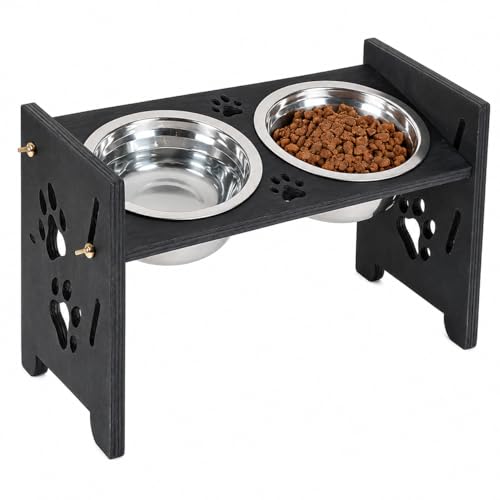 Elevated Cat Bowls, Adjustable Raised Pet Bowls with 2 Stainless Steel Bowls, Wooden Feeding Stand for Cats and Small Dogs, Double Food and Water Feeder, 500 ml Each Bowl, Black