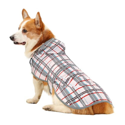 Dog Raincoat for Large Dogs Waterproof Jacket Hooded Rain Coats with Reflective Strips Leash Hole & Poncho Adjustable Fit (Plaid,L) - color: Khaki Plaid, size: Large