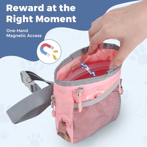 Dog Treat Pouch for Pet Training, One-Hand Magnetic Closure, Hands-Free Treat Bag with Silicone Liner, No Mess No Smell - color: Pink