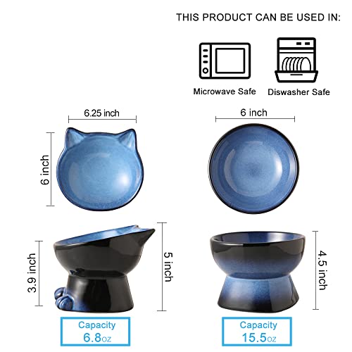 Nihow Elevated Cat Bowls,6 Inch Ceramic Raised Cat Food and Water Bowl Set | Slanted,Whisker Friendly,for Protecting Pet's Spine,Microwave & Dishwasher Safe ,Elegant Blue & Black,6.8 OZ - color: Blue & Black, size: 6.8 OZ+15.5 OZ