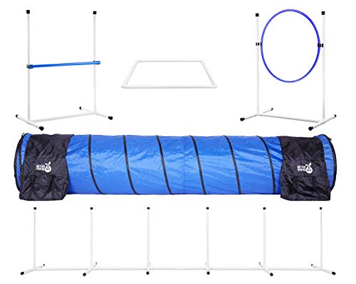 Better Sporting Dogs Complete Starter Agility Set for Dogs | 5 Piece Dog Agility Kit | Agility Jump | Tire Jump | Weave Poles | 10’ Tunnel with Sandbags | Pause Box
