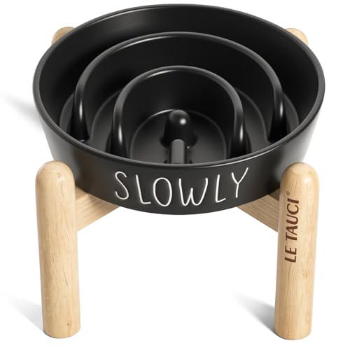 LE TAUCI PET Ceramic Slow Feeder Dog Bowls Elevated, 0.6 Cups Raised Dog Bowl with Wooden Stand for Small Breed to Slow Down Eating, Puzzle Food Bowl,Black - color: Black+Stand, size: S-0.6 Cups