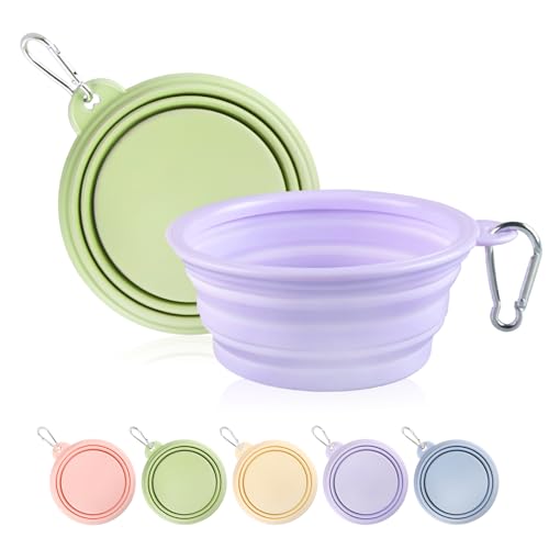 Collapsible Dog Bowls 2-Pack, Portable Travel Dog Bowl with Carabiner, Food-Grade Silicone Pet Bowl for Hiking, Walking(Macaron Violet and Green) - color: 12 OZ Macaron Violet and Green