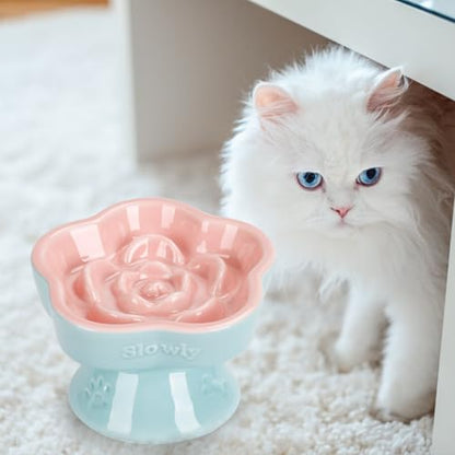 S&Q's CERAMICS Raised Slow Feeder Cat Bowl, Ceramic Elevated and Titled Glass Food Bowl Small Dogs Slow Feeder, Flower Shaped Cute Cat Dish for Dry and Wet Food (Pink, 5.8") - color: Pink