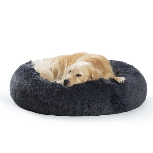 SAVFOX 36 inches Calming Donut Dog Bed - 3X Durable Plush Faux Fur, Machine Washable & Non-Slip, Fits up to 100 lbs, Dark Grey - color: Dark Grey, size: Large | 36"x36"