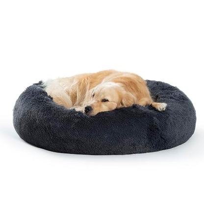 SAVFOX 36 inches Calming Donut Dog Bed - 3X Durable Plush Faux Fur, Machine Washable & Non-Slip, Fits up to 100 lbs, Dark Grey - color: Dark Grey, size: Large | 36"x36"