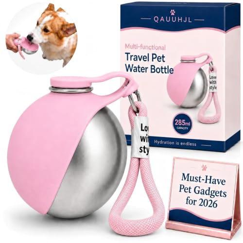 Dog Water Bottle 2-in-1 10oz Portable Pet Water Dispenser Leak Proof Stainless Steel Travel Bottle for Dogs Outdoor Walking Hiking Camping Bowl for Small Medium Dogs Easy Carry Lanyard (Pink) - color: Pink