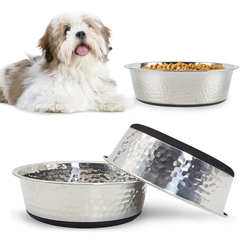 kathson 3PCS Stainless Steel Dog Bowls with Rubber Bottom,Non Slip Cat Bowls Hammered Metal Pet Food and Water Dishes for Kitten Puppy and Small Sized Animals,Dishwasher Safe (5.5in) - size: 5.5in Dia.