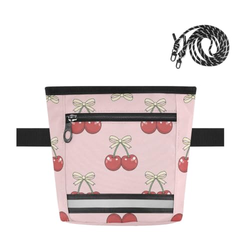 Cherry Water-Resistant Dog Treat Pouch, 3 Ways to Wear Treat Bag with Magnetic Closure & Reflective Strip, Hands-Free for Pet Training, Walking
