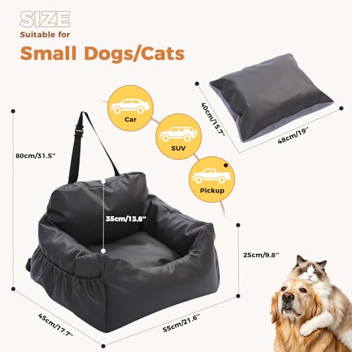 PAWZ Road Small Dog Car Seat, Pet Car Bed for Travel&Home, Waterproof Leather Dog Booster Seat with Safety Belts & Storage Pocket, Grey - size: Medium
