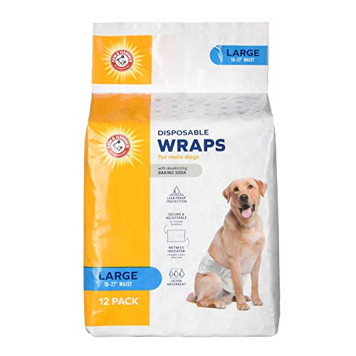 Arm & Hammer Large Male Dog Wraps, Disposable Belly Band Diapers with Baking Soda Odor Control, Super Absorbent Leak Resistant Design for Marking and Incontinence, 18-27 Inch Waist, 12 Count - size: Large