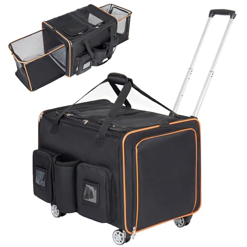 2 in 1 Large Cat Carrier for 2 Cats, Rolling Pet Carrier with Wheels, Expandable Foldable Double Pet Carrier with Removable Divider, Cat Travel Crate for Car/Camping/Vet, Black