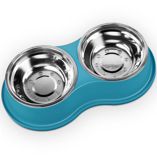 Epetslove Dog Bowls Large Stainless Steel Dog Water and Food Bowls Set with No-Slip Base, Pet Feeder Bowls Raised Edges for No Spill, Dog Cat Dish for Small, Medium, and Large Pets - color: A-green, size: Large-34oz