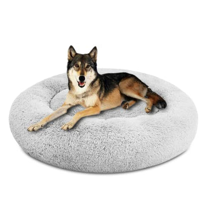 SAVFOX 45 inches Calming Donut Dog Bed - 3X Durable Plush Faux Fur, Machine Washable & Non-Slip, Fits up to 150 lbs, Light Grey - color: Light Grey, size: X-Large | 45"x45"