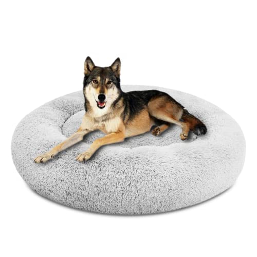 SAVFOX 45 inches Calming Donut Dog Bed - 3X Durable Plush Faux Fur, Machine Washable & Non-Slip, Fits up to 150 lbs, Light Grey - color: Light Grey, size: X-Large | 45"x45"