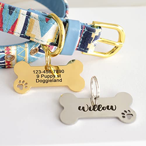 Custom Pet ID Tag, Personalized Cute Silver & Gold Bone & Hollowed Paw Shaped Collar Pendant Engraved Dog Name, Label, Address & Phone, Stainless Steel Shiny Puppies Tags Customizable on Both Sides