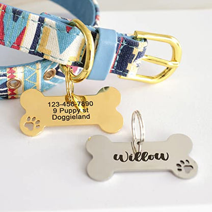 Custom Pet ID Tag, Personalized Cute Silver & Gold Bone & Hollowed Paw Shaped Collar Pendant Engraved Dog Name, Label, Address & Phone, Stainless Steel Shiny Puppies Tags Customizable on Both Sides