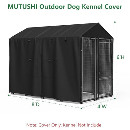Outdoor Dog Kennel Cover 8'D x 4'W x 6'H Black Full Coverage with Transparent PVC Window and Breathable Mesh All-Weather Protection for Multiple Brands of Kennels Only Cover - size: 8'D x 4'W x 6'H
