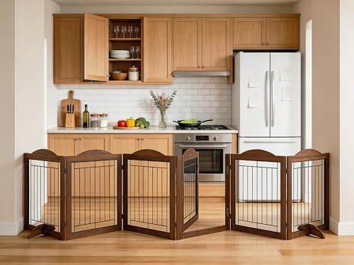 Vantas 144 x 30 inches Foldable Wooden Pet Gate with Door, Brown | Walk-Through Easy, Freestanding, Extra Wide, Easy Storage, Easy to Move - color: Brown, size: 【6-Panel with Door】144"W x 30"H