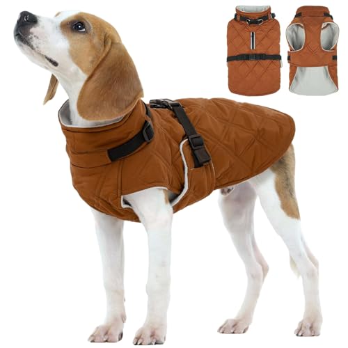 Kuoser Dog Coat Warm Fleece Lining Turtleneck Dog Jacket with Harness Built-in, Adjustable Windproof Cold Weather Coats with Quick Release Buckle Pet Winter Snowsuit for Small Medium Dogs, Khaki M - color: Khaki, size: Medium (Chest Girth: 20.8")