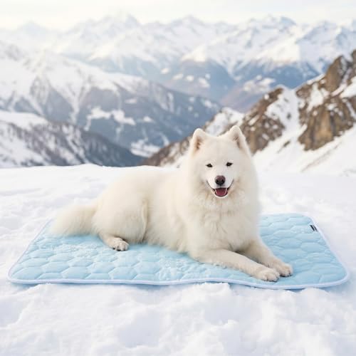 Sytopia 43"x31" Dog Cooling Mat for Extra Large Dogs, Q-Max>0.5 All Season Thin Breathable Cooling Crate Pad Indoor for Pet, Portable Washable & Non-Toxic Kennel Mat for Summer Active Dog, Light Blue - size: X-Large