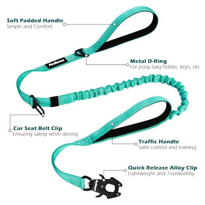 PetBonus Heavy Duty Tactical Dog Leash, 5 FT Bungee Shock Absorption Leash with 2 Padded Handles, Quick Release Metal Clip, Car Seatbelt, No Pull Training Lead for Large Medium Dogs（Turquoise） - color: Turquoise