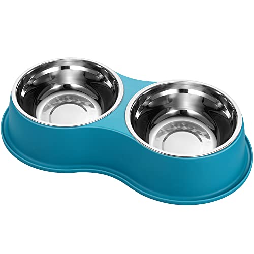 Epetslove Dog Bowls Double Dog Water and Food Bowls Stainless Steel Bowls with Non-Slip Resin Station, Pet Feeder Bowls for Puppy Medium Dogs Cats - color: 7.Lake Blue, size: Medium-18oz