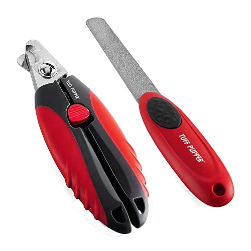 Tuff Pupper Dog Nail Clipper | Bonus Free Nail File | Razor Sharp Stainless Steel Blades | Protective Safety Guard Prevents Over-Cutting | Sturdy Non Slip Handles for Safe Grooming | Medium Large Dogs