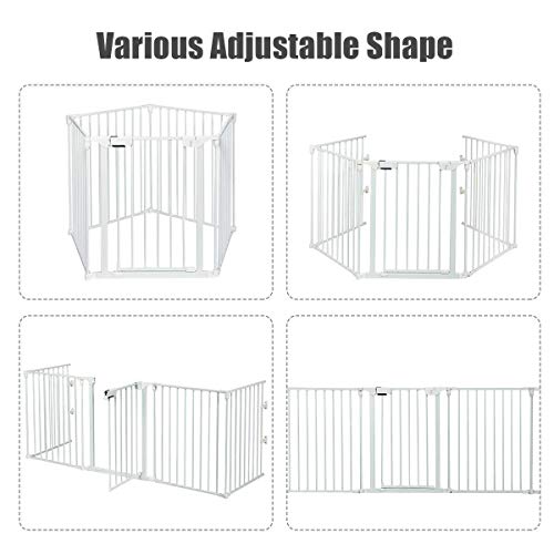 Costzon Baby Safety Gate, 121 Inch Length 5 Panel Adjustable Wide Fireplace Fence, BBQ Metal Fire Screen Gate, Pet Isolation Fence with Walk-Through Door, Freestanding Pets Gate - color: White, size: 5-Panel