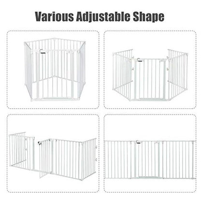 Costzon Baby Safety Gate, 121 Inch Length 5 Panel Adjustable Wide Fireplace Fence, BBQ Metal Fire Screen Gate, Pet Isolation Fence with Walk-Through Door, Freestanding Pets Gate - color: White, size: 5-Panel