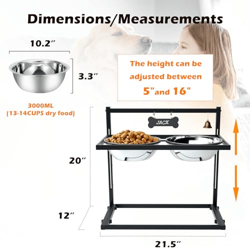 SHAINFUN Elevated Dog Feeder for Large Breeds, Adjustable Height Raised Dog Bowl Stand with 3000ML Stainless Steel Bowls - size: x-large dogs