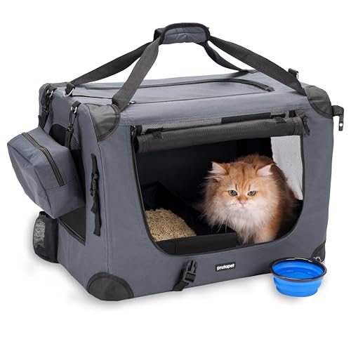 Prutapet Large Cat Carrier 24"x16.5"x16.5" Soft-Sided Portable Pet Crate for Car Traveling with Collapsible Litter Box and Bowl - color: Grey, size: 24"x16.5"x16.5" (With Litter Box)