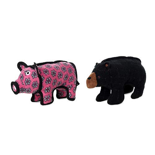 TUFFY® 2 Pack Small Bear and Pig Ultra Durable Plush Dog Toys | Multiple Layers & Reinforced Seams, Washable and Floats, Original Construction - color: Black Bear Pink Jr Pig
