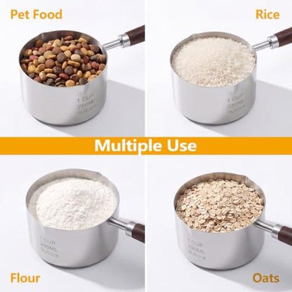 Ondware Dog Cat Food Scoop Measuring Cup, 1 Cup 304 Stainless Steel Pet Food Scoop with Precision Scale Measurements, Wooden Handle, Portion Control for Pets, Dishwasher Safe