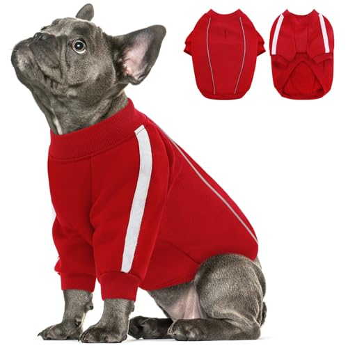 Queenmore Small Christmas Dog Sweater, Cozy Fleece Dog Sweatshirt, Warm Winter Fleece Jacket for Small, Medium & Large Dogs with Leash Hole/Reflective Stripes Red - color: Red, size: Small