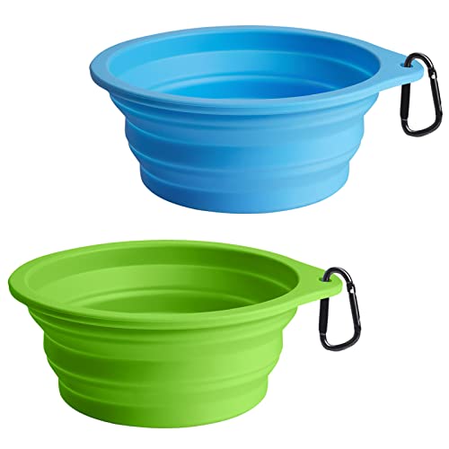 PetBonus 2-Pack Silicone Collapsible Dog Bowls, BPA Free Dishwasher Safe, Portable Foldable Expandable Travel Bowl, Food Water Feeding Cup Dish for Dogs Cats with 2 Carabiners (Light Blue & Green) - color: Light Blue, Light Green, size: 20 Oz