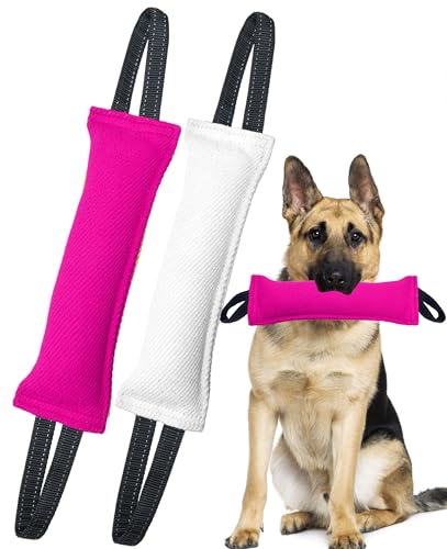 Clysoru Dog Tug Toy Double Pack Tough Jute Bite Pillow Training Equipment Puppy to Large Dogs Interactive - color: purple white