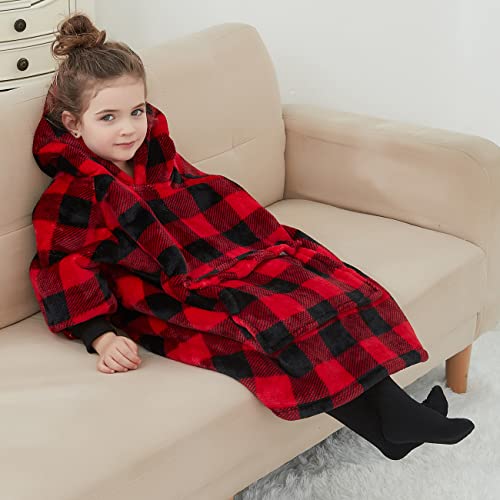 KFUBUO Wearable Blanket Hoodie for Kids Toddlers Sherpa Blanket Sweatshirt With Pocket Cute Hoodies 2-6 Year Old Girl Boy Red Plaid - color: Red Plaid, size: Kids 2-6YR