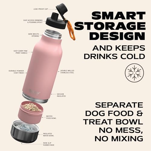 asobu Dog Barky Bottle - 음식, 간식 및 물을 위한 탈착식 강아지 그릇 2개가 있는 단열 스테인리스 스틸 물병 - 하이킹, 도로 여행 및 야외 모험을 위한 반려동물 친화적인 여행용 병 - color: 핑크