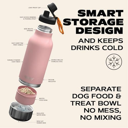 asobu Dog Barky Bottle - 음식, 간식 및 물을 위한 탈착식 강아지 그릇 2개가 있는 단열 스테인리스 스틸 물병 - 하이킹, 도로 여행 및 야외 모험을 위한 반려동물 친화적인 여행용 병 - color: 핑크