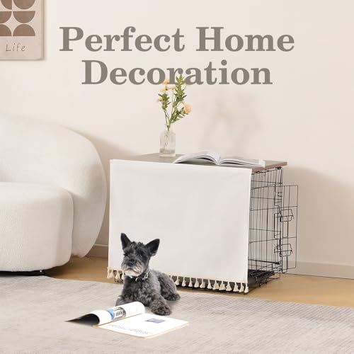 VIE DE AMAN Dog Crate Topper Wood for 24 30 36 42 48 inch Cages, Table Foldable Dog Kennel Topper with Tassel Curtain, Rustic Style Top Rustic Brown(Dog Crate Not Include) - size: For 42 inch crate（No Crate）