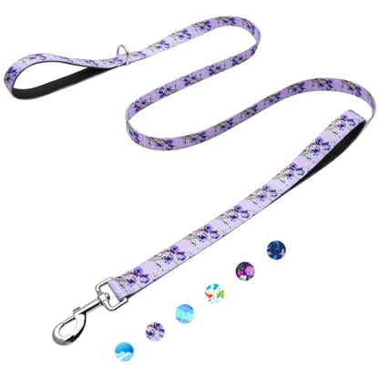 Double Handle Dog Leash 6ft with 2 Padded Handles, Cute Purple Dog Leash with Soft Dual Handle, Walking Training Lead for Medium and Large Dogs, Lavender Lily - color: Lavender Lily, size: 1 in x 6 ft