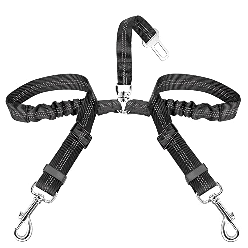 SlowTon Dog Seat Belt, Double Dog Seatbelt Adjustable Vehicle Safety Leash with Elastic Bungee Buffer, Reflective No Tangle Y Shape Two Dog Harness Seat Belt Splitter for Pets Car Trip (Black, S) - color: A.Black, size: 2 Small in 1