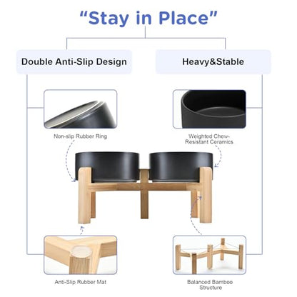 SPUNKYJUNKY Elevated Dog Bowls Ceramic, 6.1'' Dogs and Cat Food Water Bowls Raised with Non-Slip Bamboo Stand for Medium Sized Breed Microwave Dishwasher Safe - 28.7 OZ,Black - color: Black, size: 6.1 in - 3.6 cups